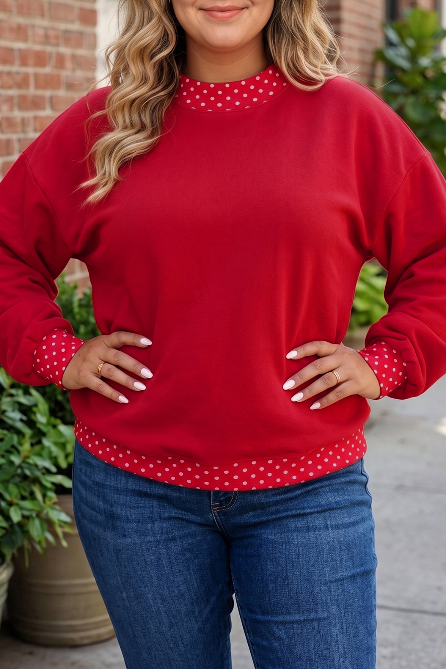 Dark Green Polka Dot Patchwork Round Neck Plus Size Sweatshirt
