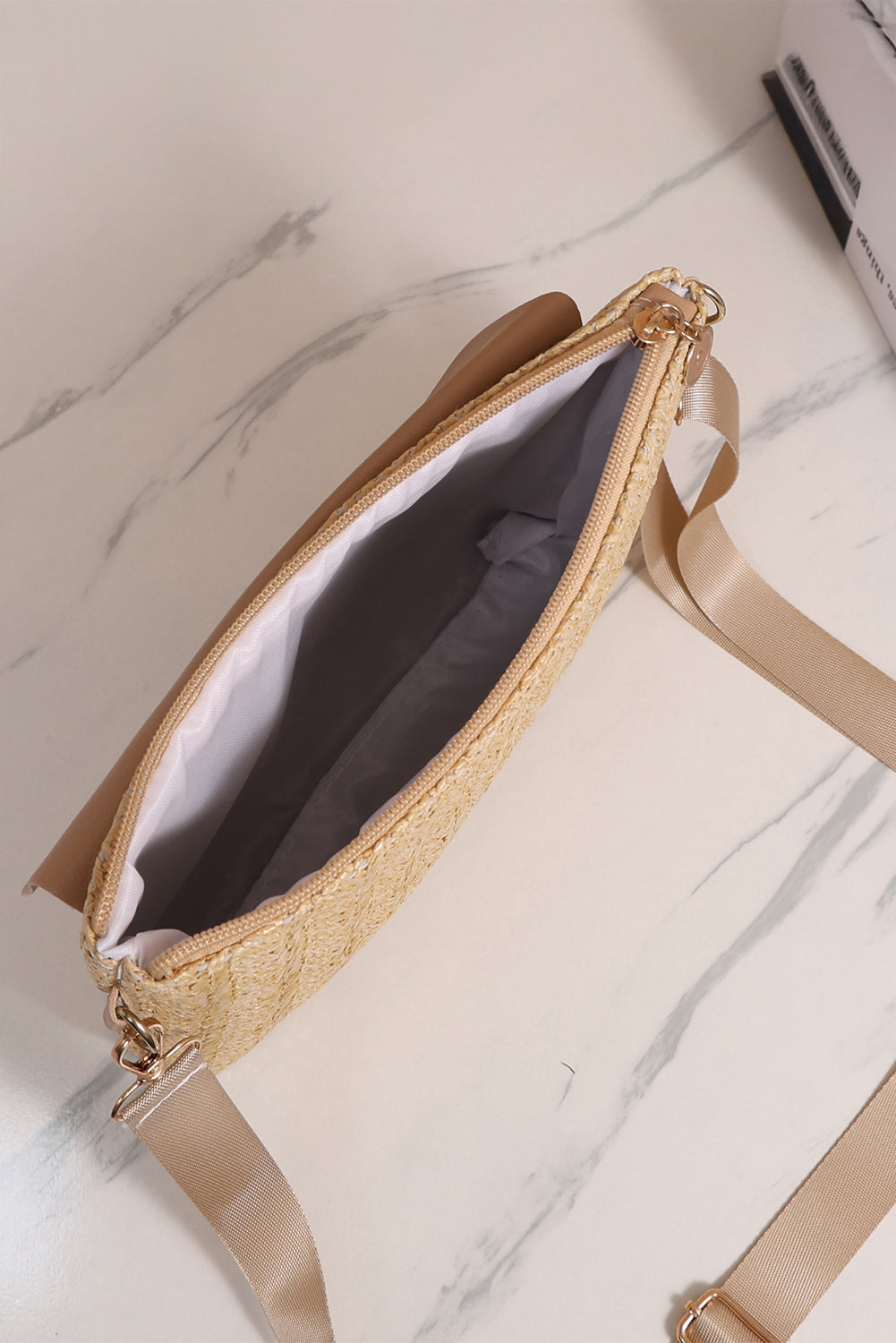 Thai Curry Leather Pocket Patchwork Staw Woven Shoulder Bag