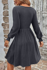 Dark Grey Shirred Cuff Long Sleeve Button Round Neck Mini Dress