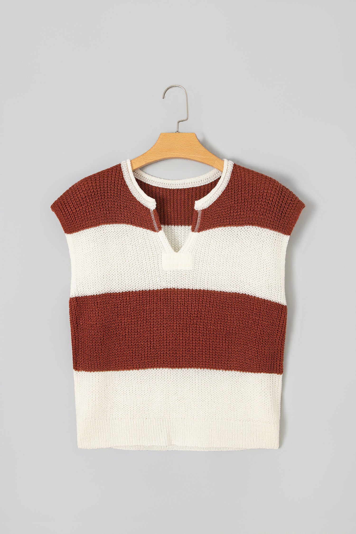 Brown Stripe Striped Colorblock Knit V Neck Short Sleeve Loose Sweater
