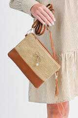 Beige Pearl Bow Decor Woven Patchwork Shoulder Bag