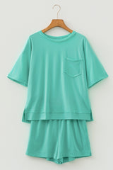 Mint Green Raw Edge Patch Pocket Oversized Top and Shorts Set