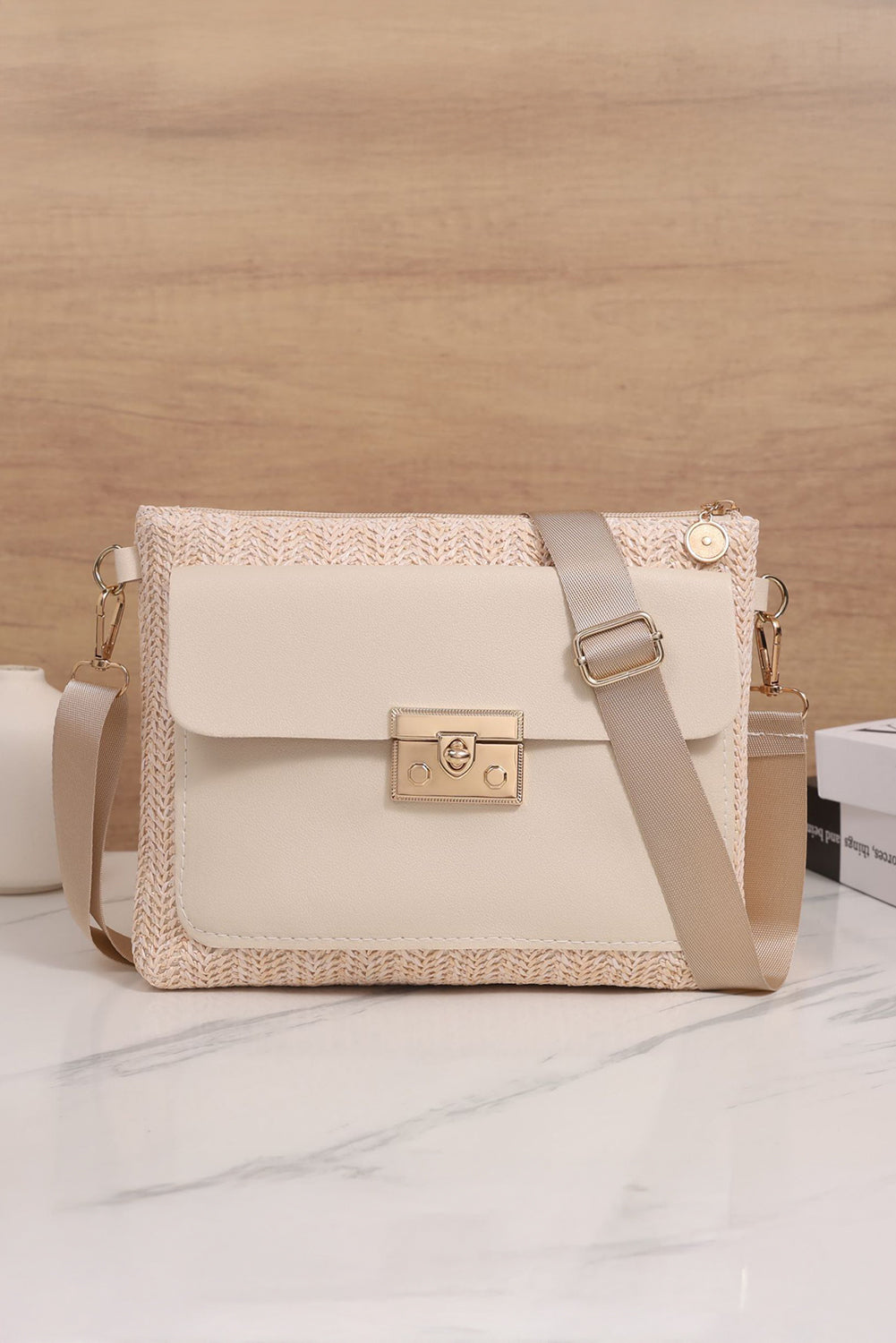 Thai Curry Leather Pocket Patchwork Staw Woven Shoulder Bag
