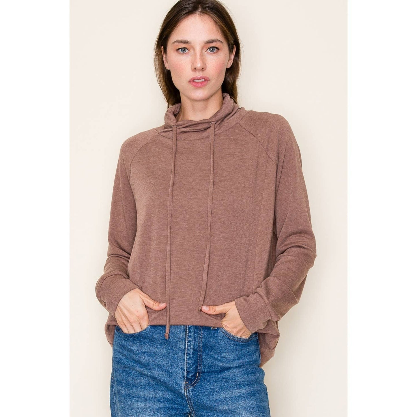 DRAWSTRING COWL NECK LONG SLEEVE FRENCH TERRY TOP