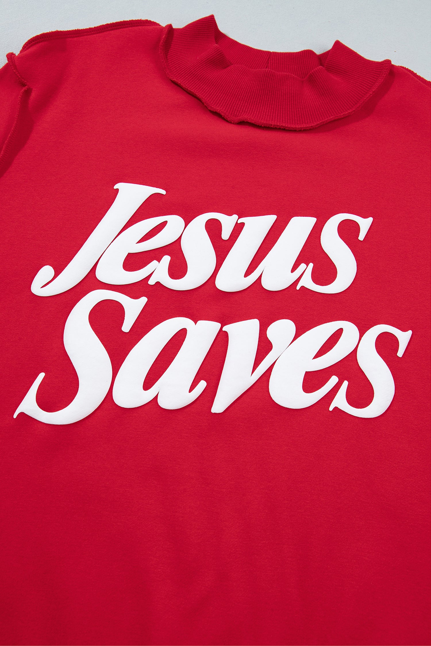 Fiery Red Jesus Saves Slogan Print Stand Neck Baggy Sweatshirt