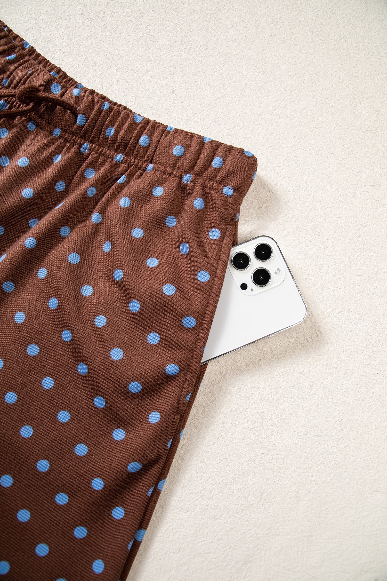 Brown Polka Dot Drawstring Wide Leg Long Sleeve Top Pant Set
