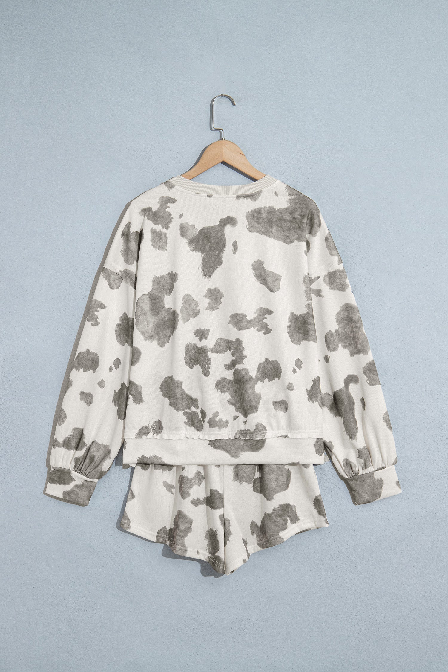 Gray Western Print Raw Hem Long Sleeve Top Drawstring Shorts Set