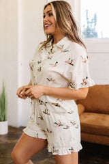Beige Mallard Print Shirt Style Short Two Piece Set