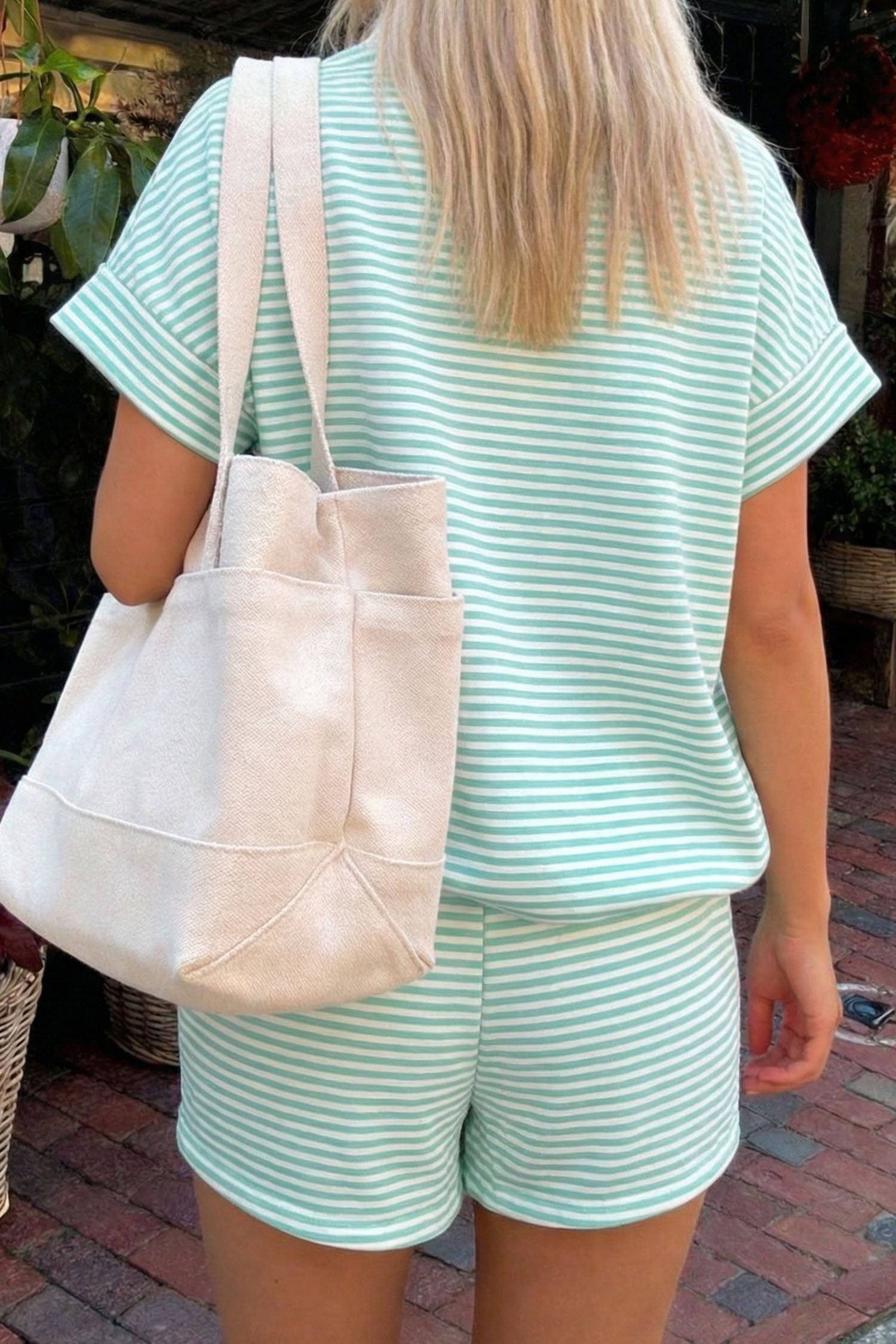 Pink Stripe Cuffed Sleeve Contrast Mock Neck Tee Casual 2pcs Short Set