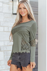 Sage Green Solid Color Waffle Ribbed Lace Patchwork Long Sleeve Top