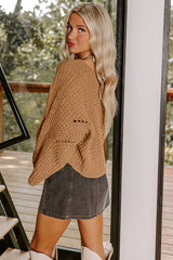 Camel Hollowed Detail Wide Sleeve Loose Pullover Sweater