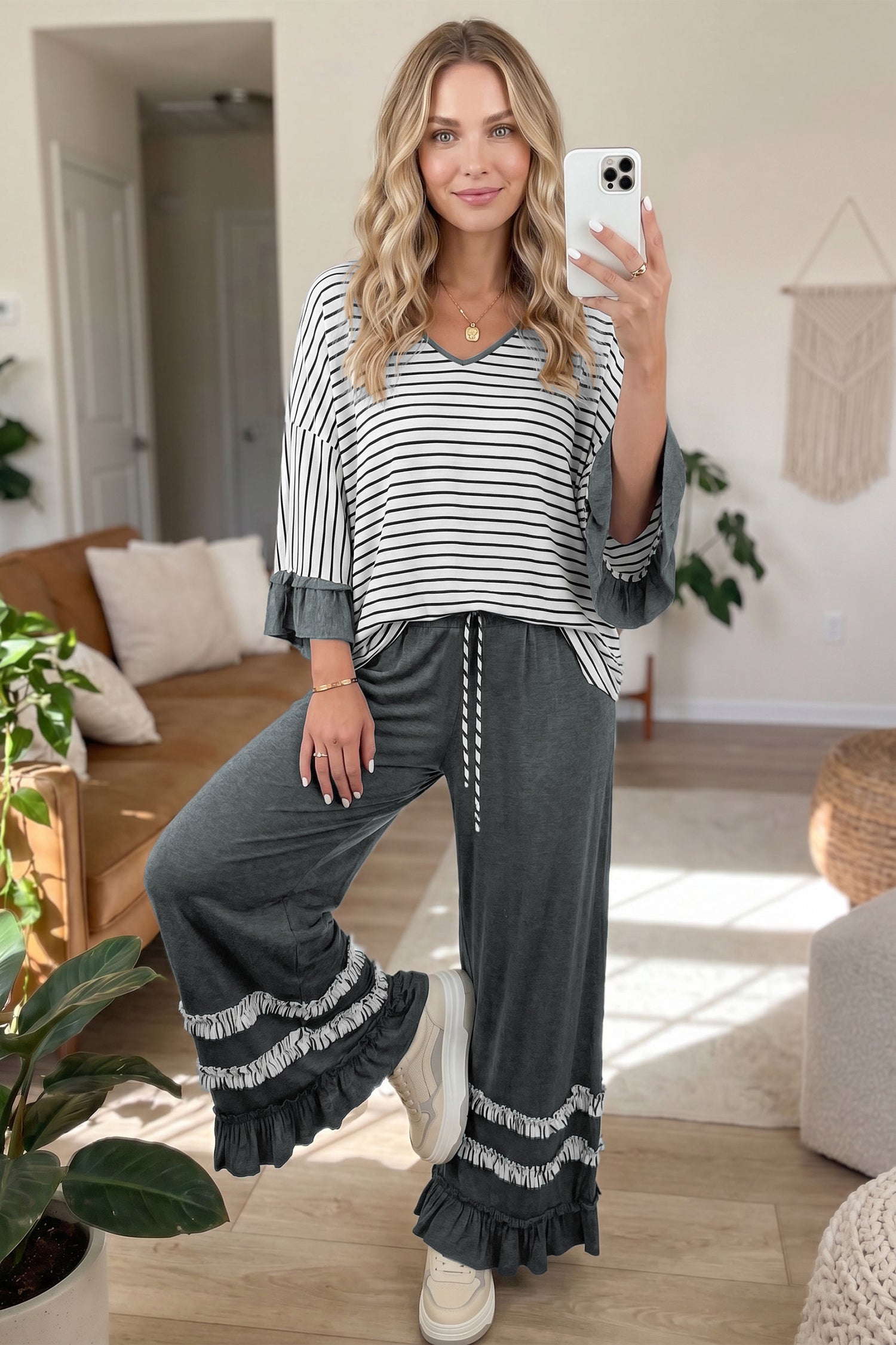 Gray Stripe V Neck Ruffle Contrast Sleeve Top Drawstring Pants 2pcs Set