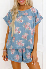 Sky Blue Floral Denim Short Sleeve Top Loose Shorts 2pcs Set