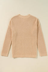 Apricot Cable Knit Drop Shoulder Side Slits Loose Sweater