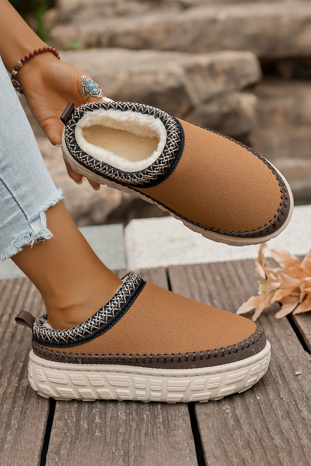 Coffee Faux Suede Woven Trim Plush Lining Platform Slippers