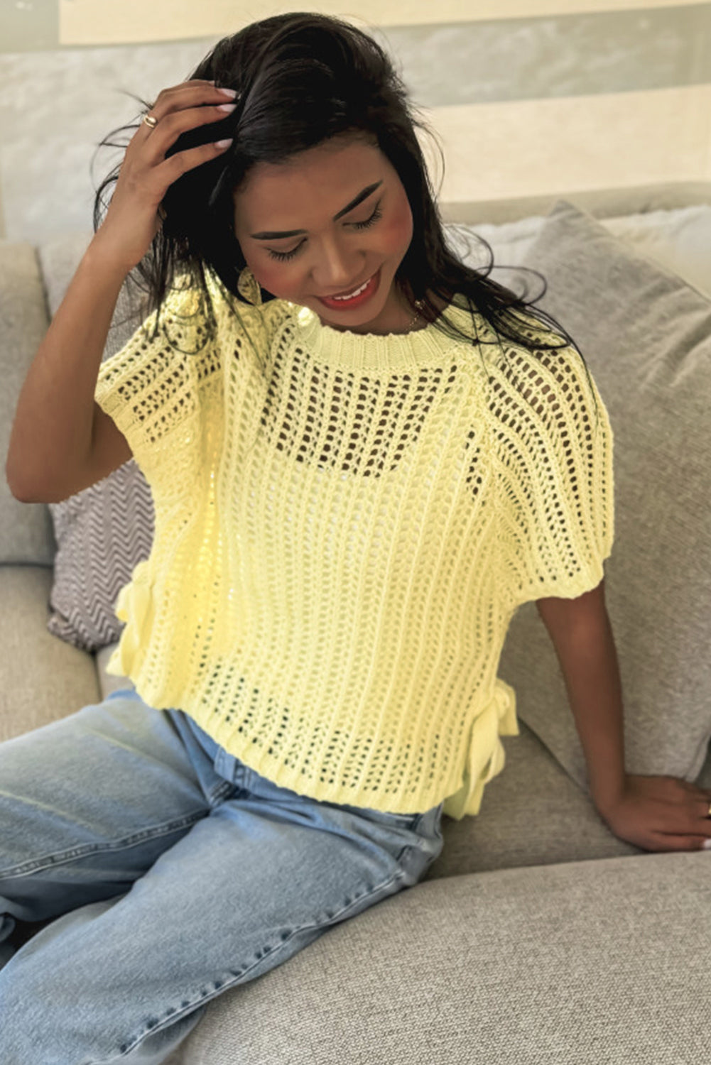 Yellow Cream Side Tie Hollow-out Crochet Knit Top