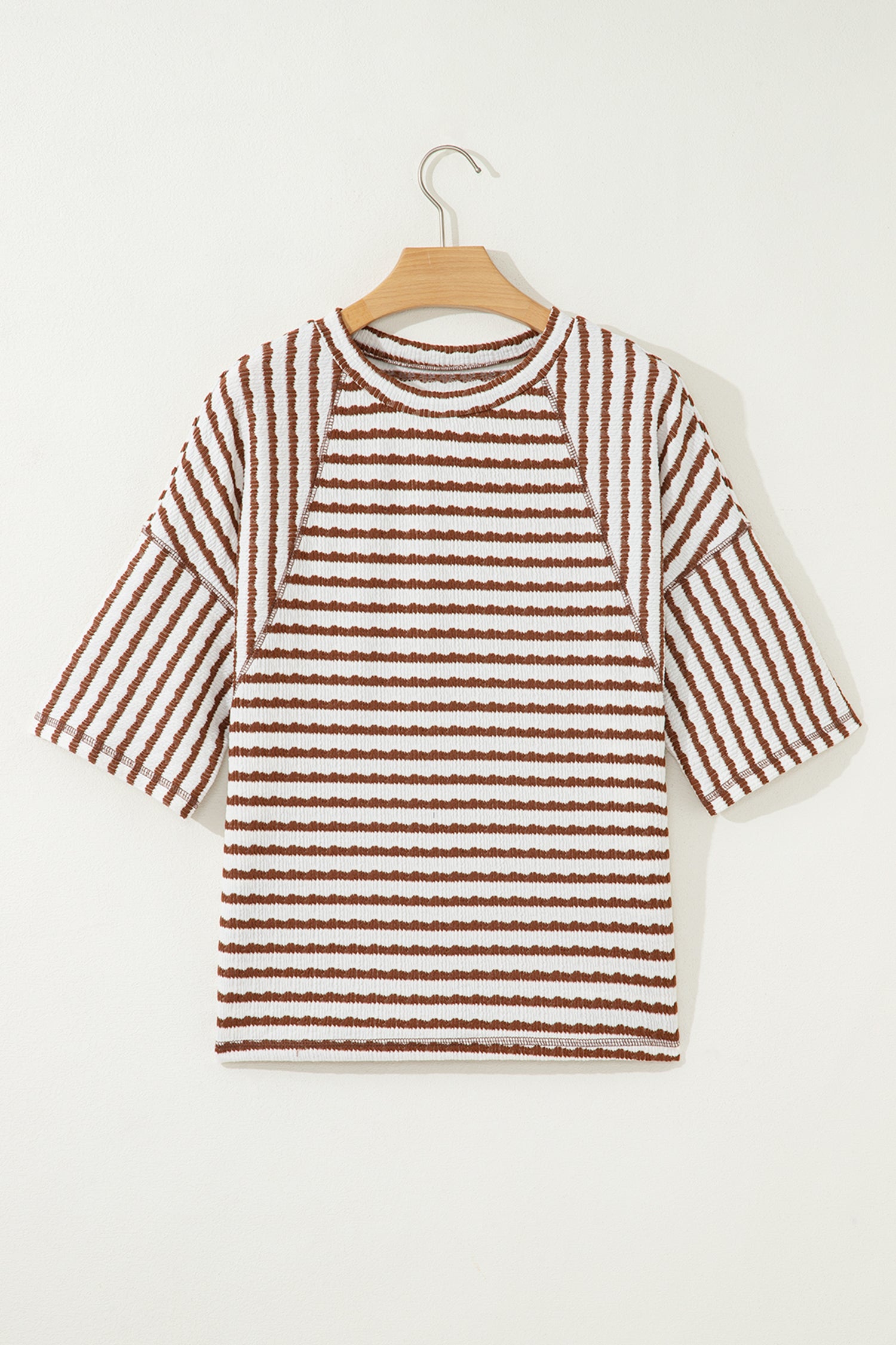 Pink Stripe Textured Knit Split Hem Half Sleeve Loose Top