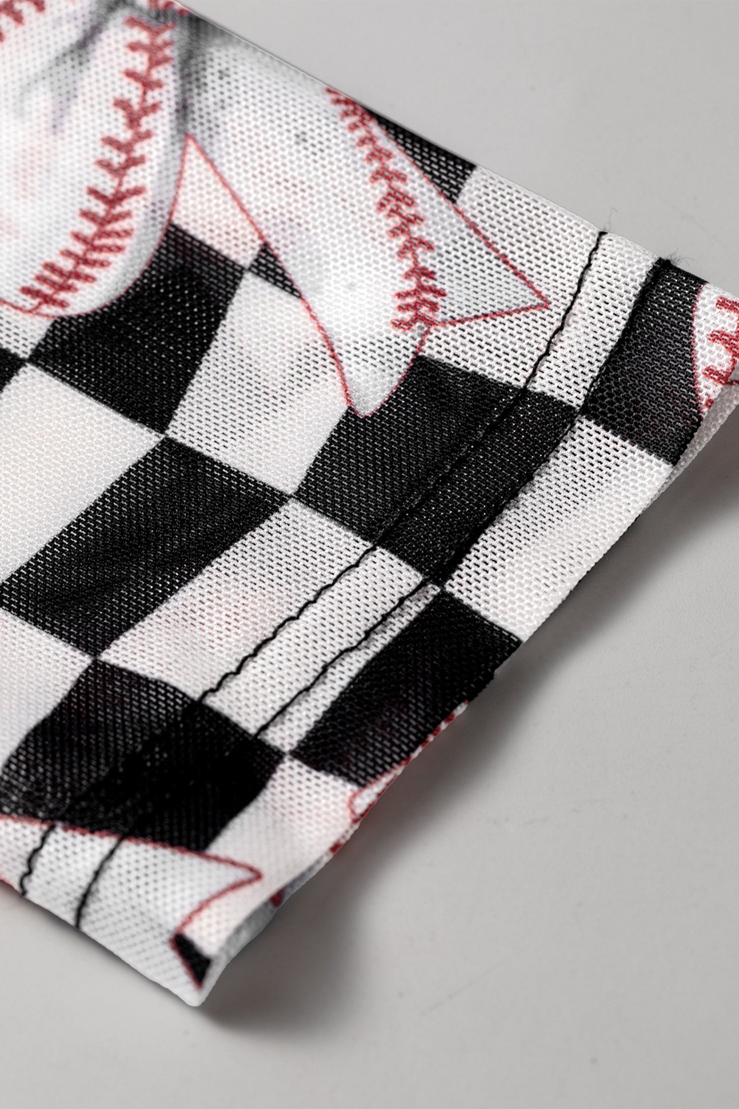 Black Checkered Baseball Bow Print High Neck Long Sleeve Mesh Top