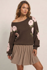 Dark Brown Floral Print Drop Shoulder Relaxed Pullover Sweater