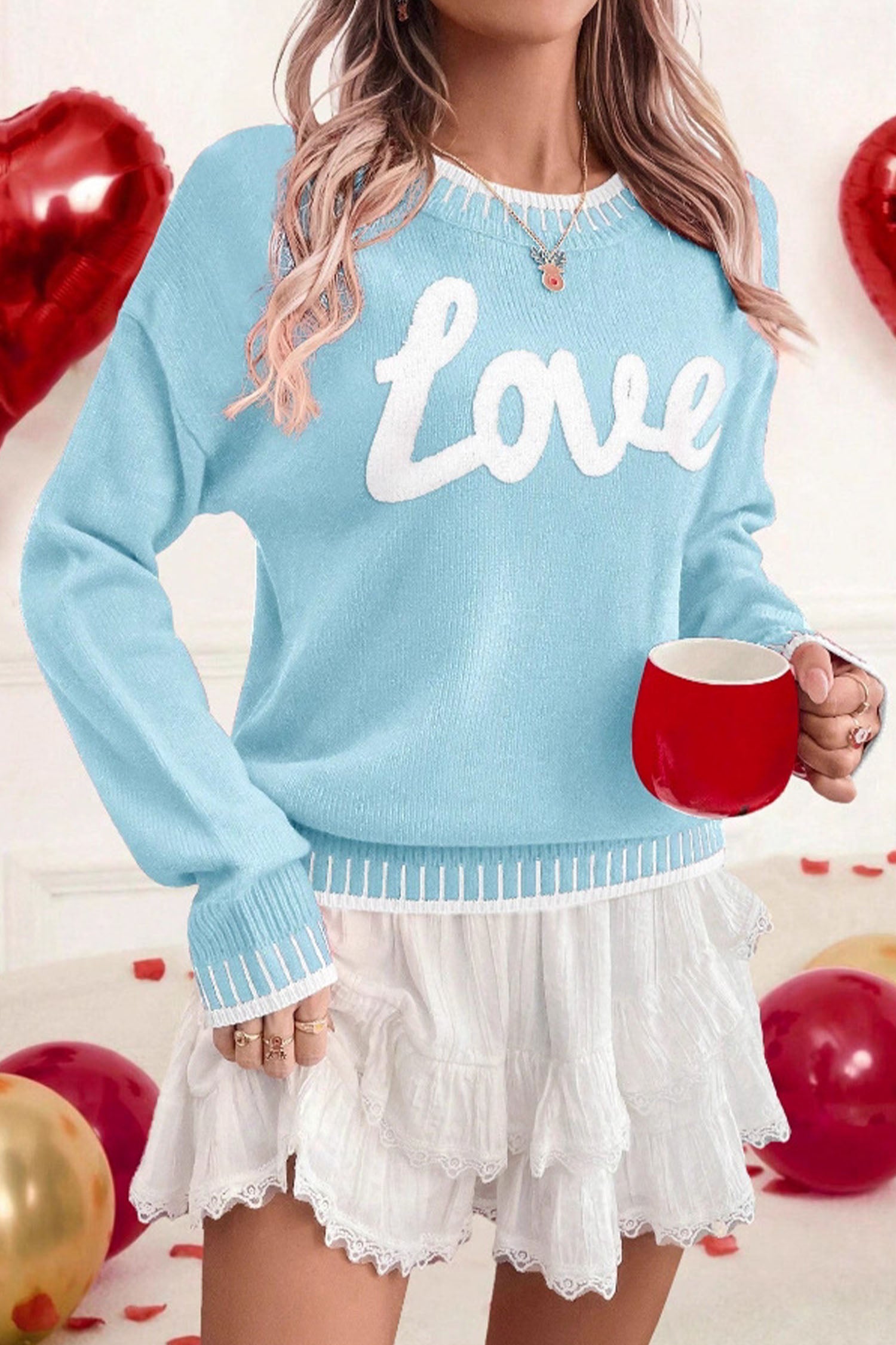 Pink Valentine Love Chenille Letter Graphic Sweater
