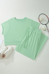 Clearly Aqua Solid Color Ribbed Trim Short Sleeve Top Drawstring Loose Pants 2pcs Outfit