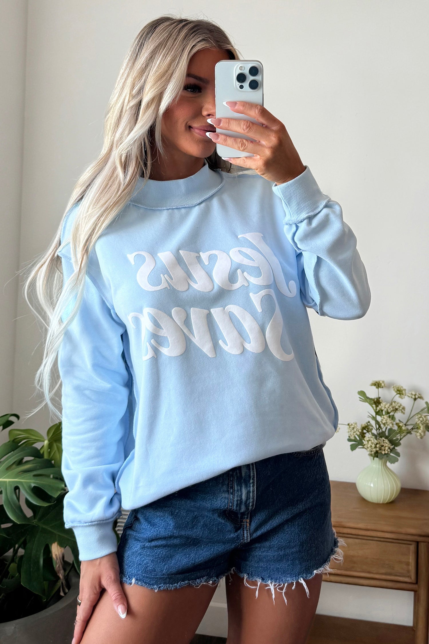 Mist Blue Jesus Saves Slogan Print Stand Neck Baggy Sweatshirt