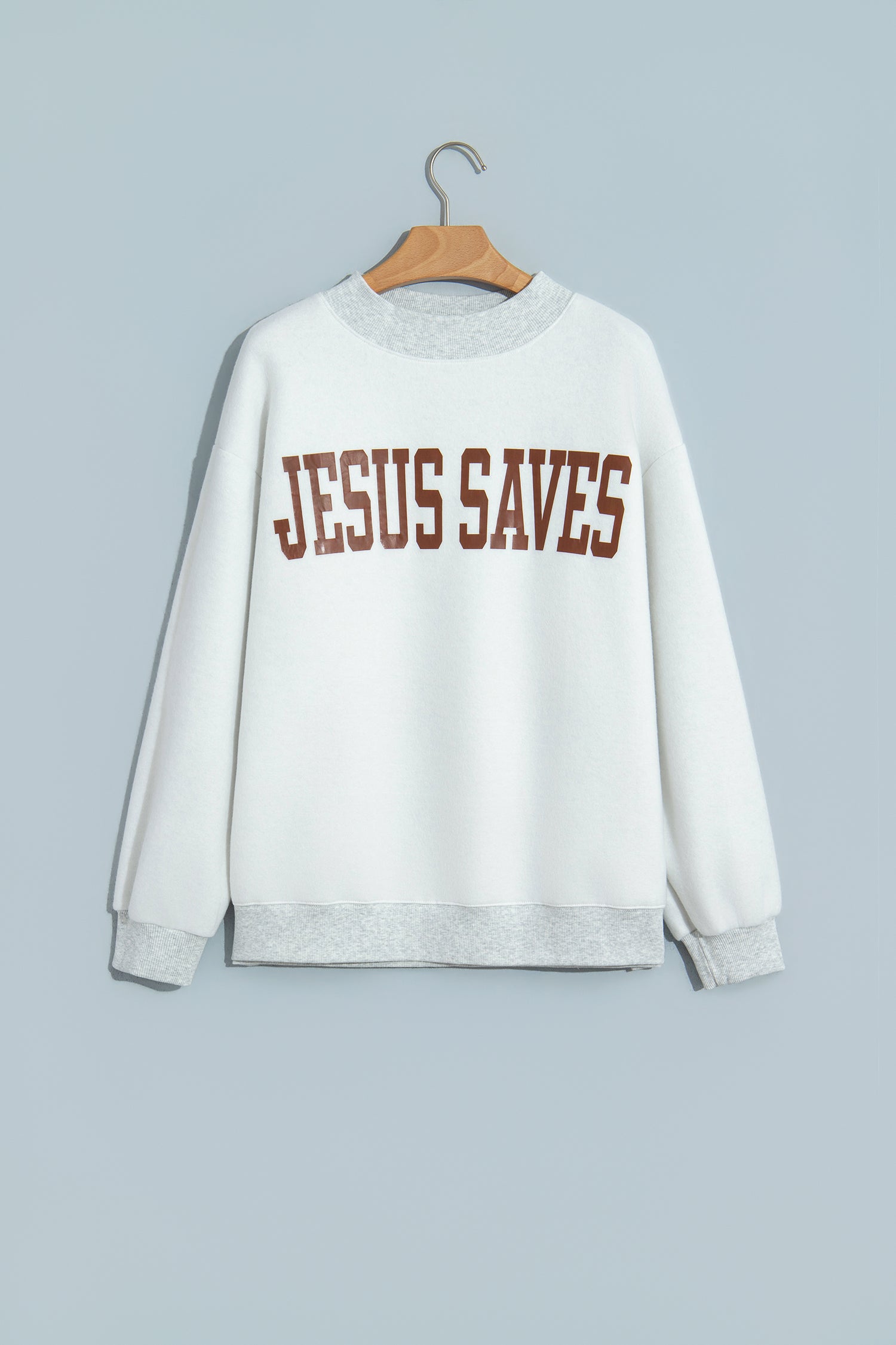 Light Grey Reversible Christian Faith Print Mock Neck Pullover Sweatshirt