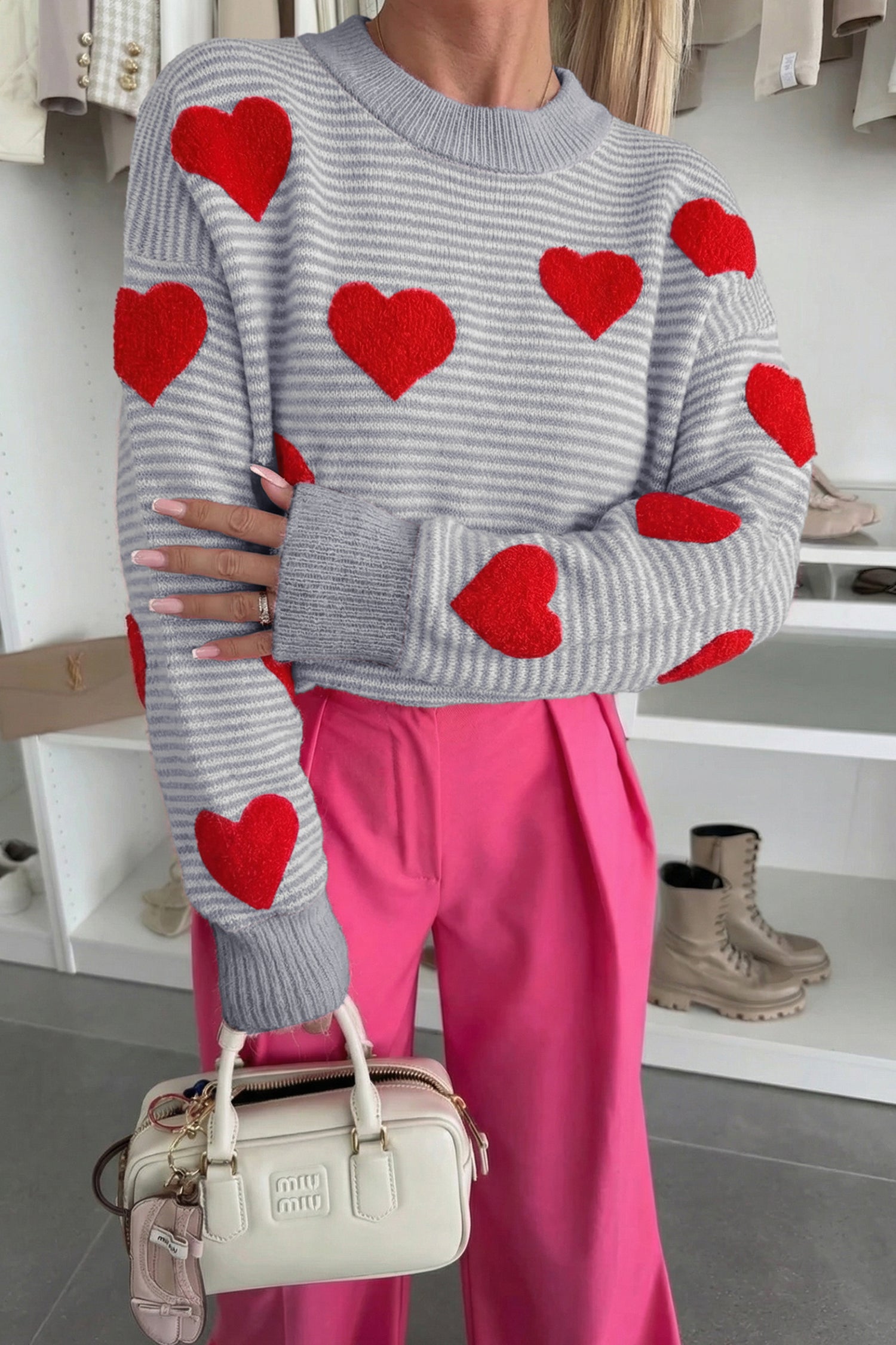 Rose Stripe Contrast Heart Pattern Valentine Knit Sweater