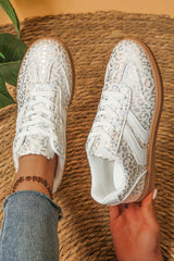 White PU Leather Detail Shimmer Leopard Printed Lace-up Sneakers