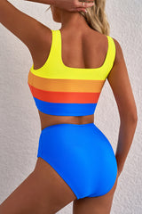 Blue Colorblock Square Neck Top Pleated High Waisted Bikini