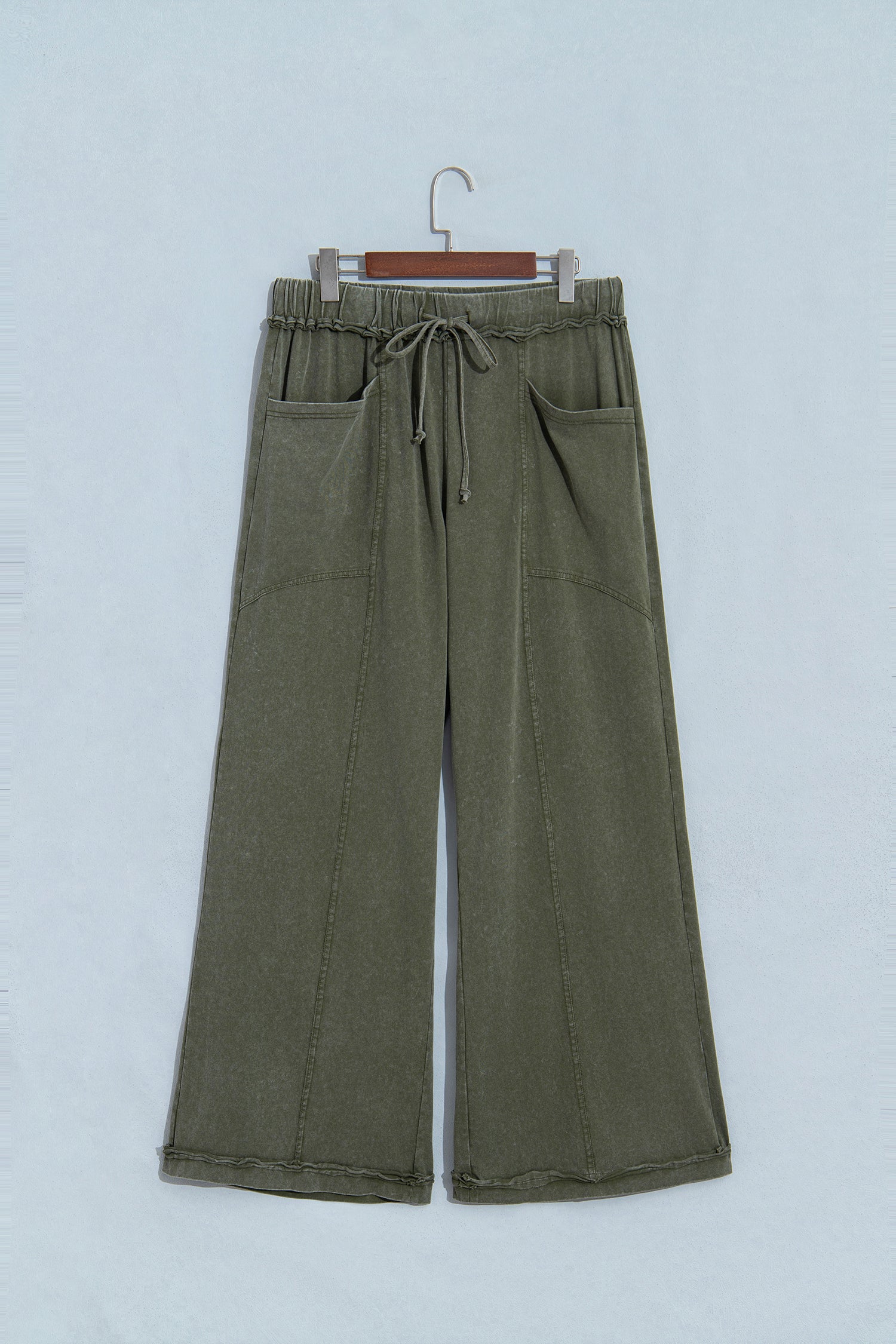 Jungle Green Mineral Wash Seam Detail Flare Leg Drawstring Pants