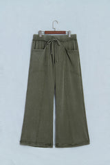 Jungle Green Mineral Wash Seam Detail Flare Leg Drawstring Pants