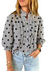 Black white Polka Dot Striped Print Ruffle Stand Neck 3/4 Sleeve Shift Shirt