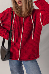 Racing Red Color Contrast Trim Textured Knit Drawstring Hooded Sweater