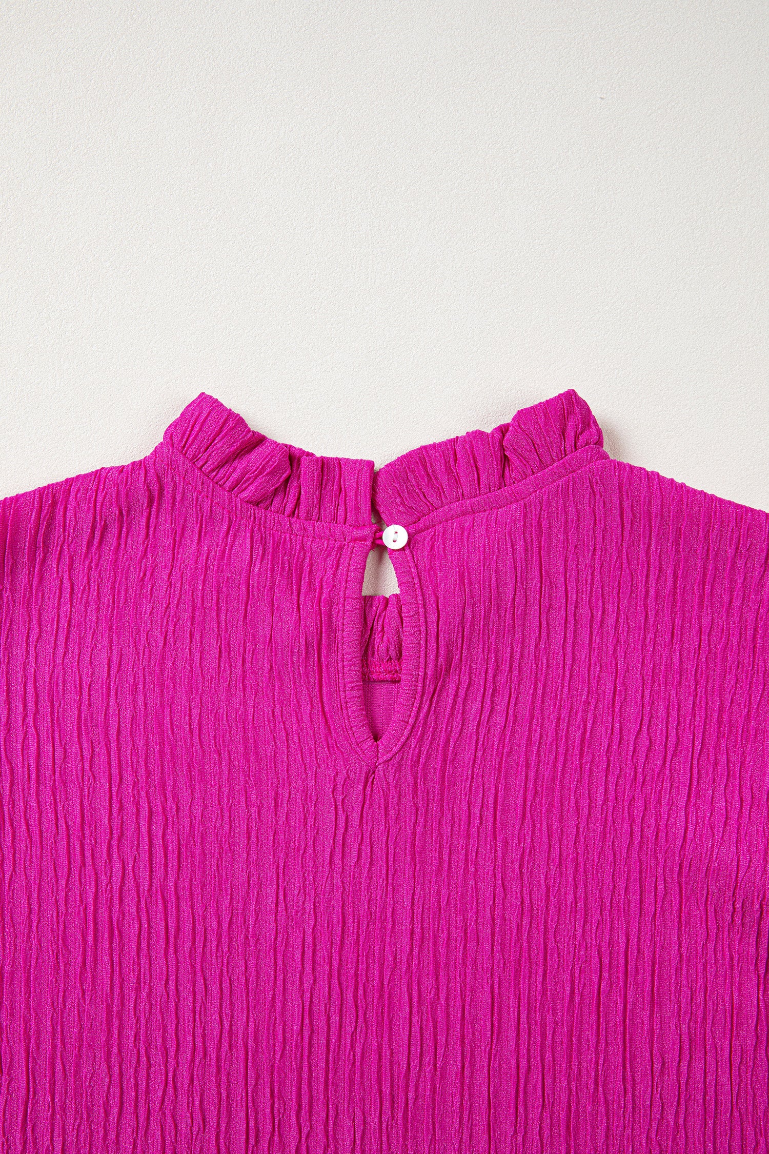 Rose Red Solid Color Textured Ruffle Trim Short Sleeve Blouse