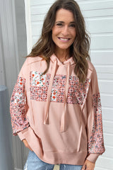 Delicacy Mix Floral Patchwork Side Slit Drawstring Hoodie