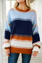 Dark Blue Color Block Round Neck Tunic Sweater