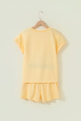 Yellow  Eyelet Lace Patchwork Sleeve Short 2pcs Outfit