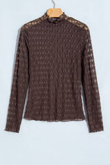 Chicory Coffee Sheer Textured Lace Stand Neck Long Sleeve Top