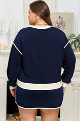 Navy Blue Plus Color Block Drop Shoulder Top and Lace-up Skirt Outfit