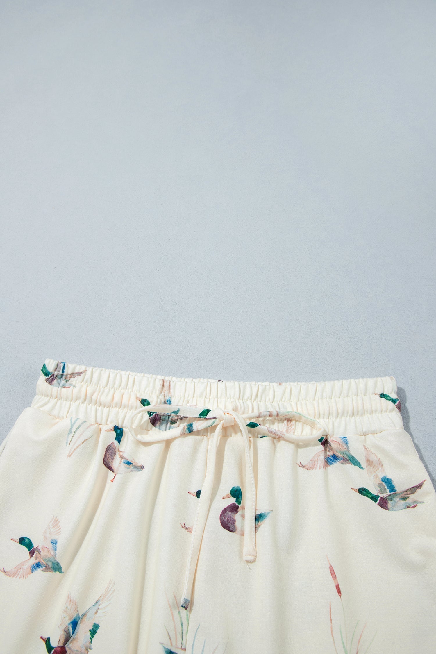 Beige Free Mallard Print Long Sleeve Top Drawstring Short Set