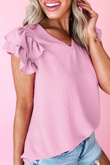 Bonbon Solid Color V Neck Ruffled Detail Loose Tank Top