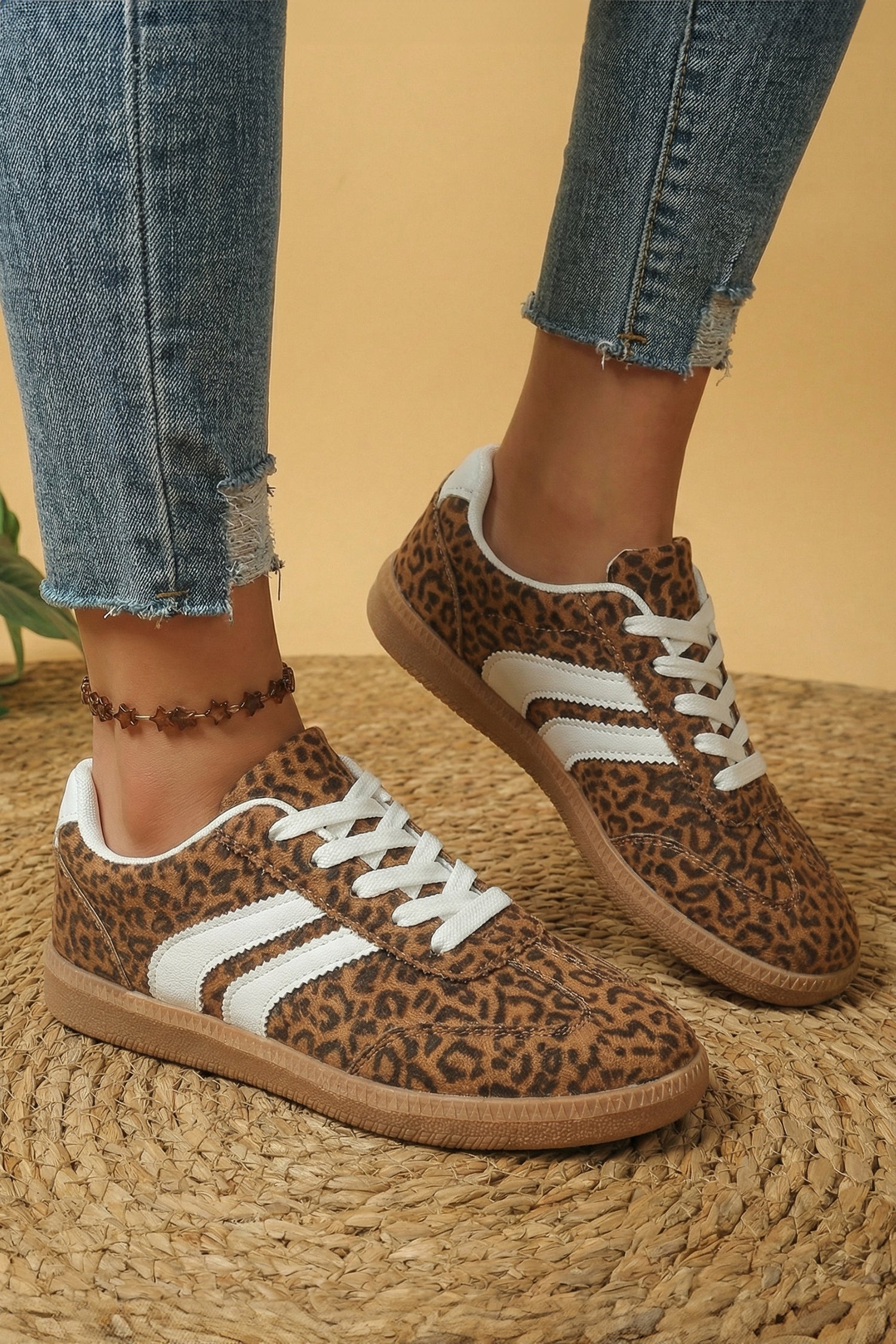 White PU Leather Detail Shimmer Leopard Printed Lace-up Sneakers