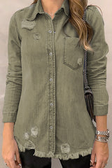 Khaki Raw Hem Distressed Denim Shirt Jacket