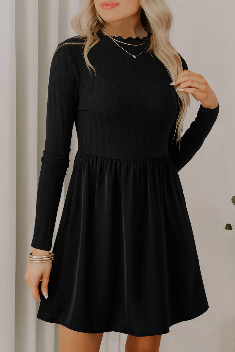 Red Dahlia Frilled Neck Ribbed Knit Patchwork Long Sleeve Mini Dress