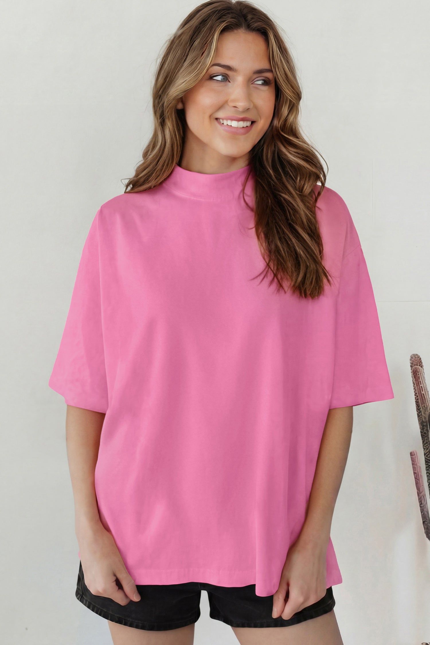Dark Blue Solid Color High Neck Oversize Tee