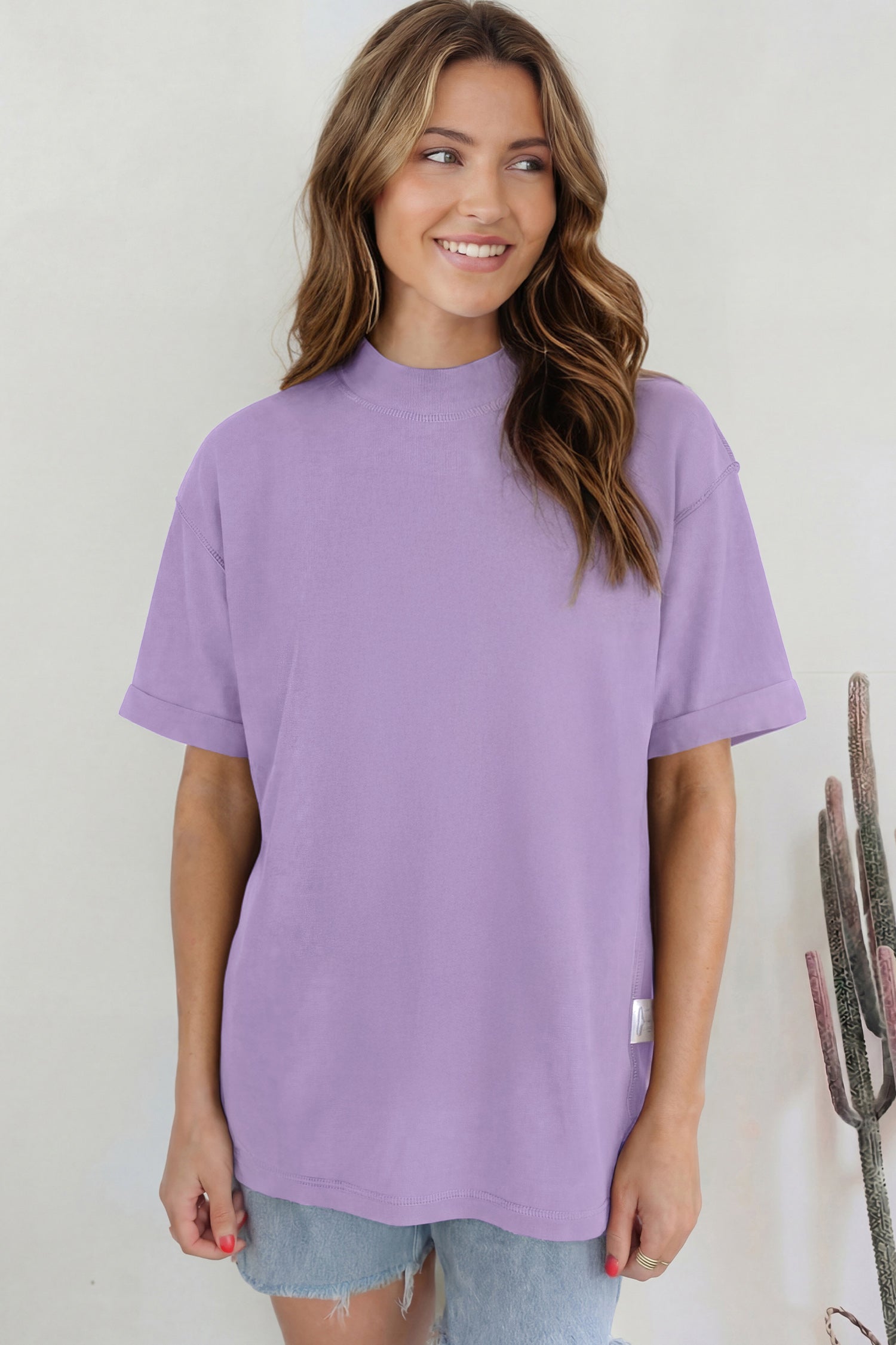 Dark Blue Solid Color High Neck Oversize Tee