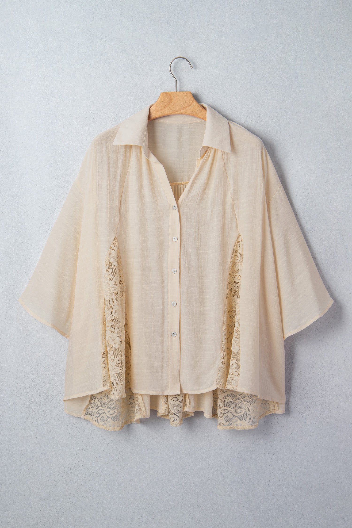 Oatmeal Sheer Lace Splicing Detail Bracelet Sleeve Loose Flowy Shirt