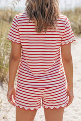 Red Stripe Scallop Trim Casual Top 2pcs Short Set