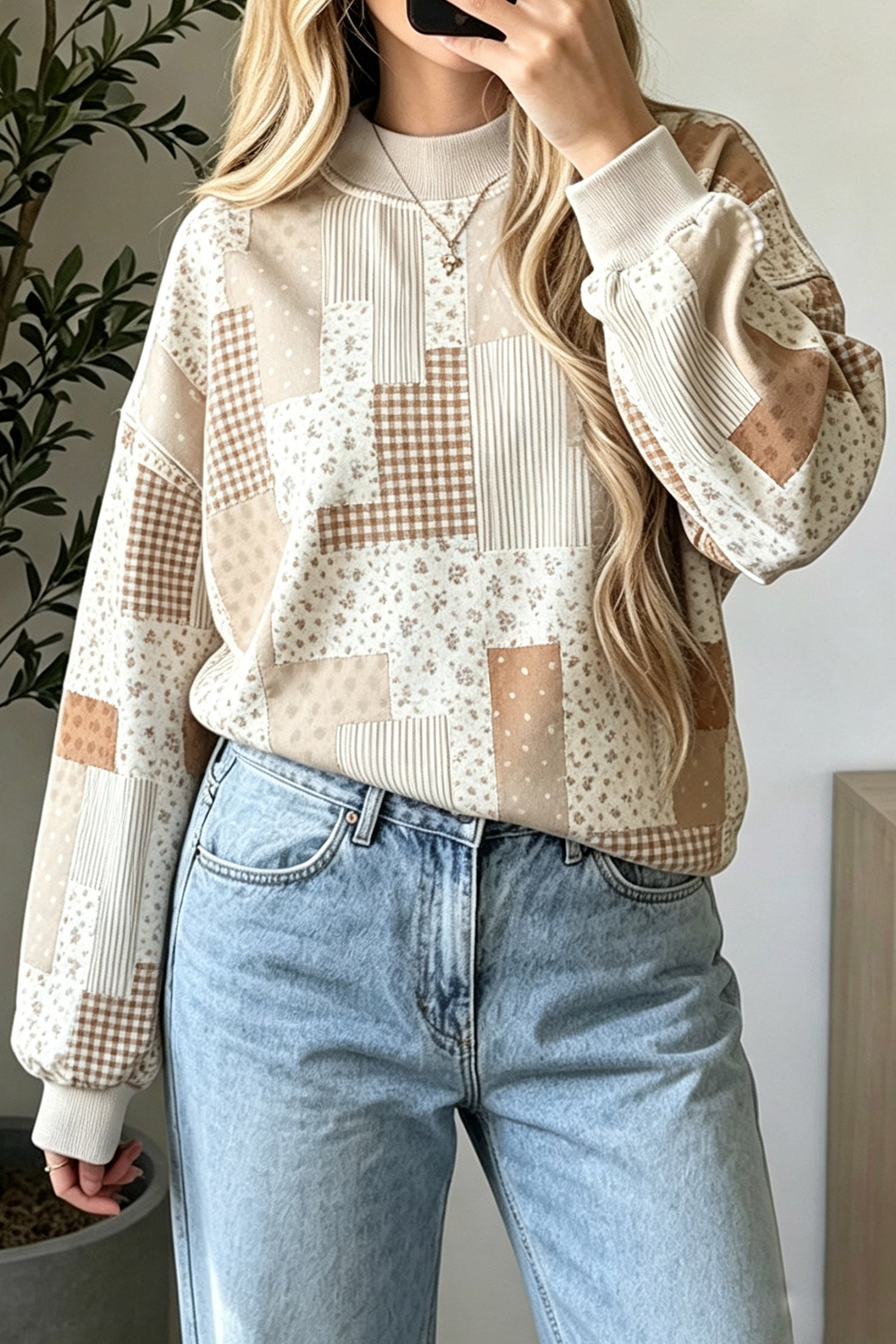 Khaki Patchwork Floral Print Mock Neck Long Sleeve Sweatshirt